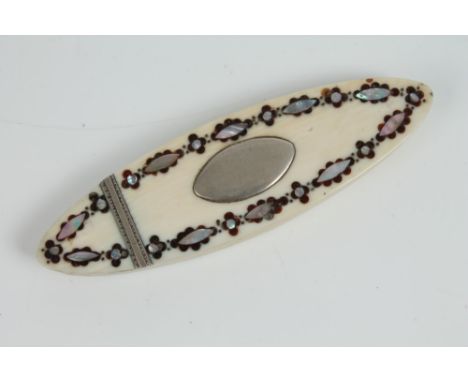 George III ivory mother of pearl pique inlaid and silver mounted patch or toothpick box of navette form, the hinged cover wit