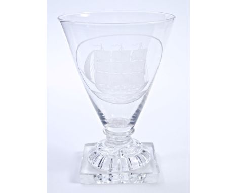 Georgian glass rummer with trumpet bowl, engraved with a three-masted Man o' War, on moulded square lemon squeezer foot, 15cm