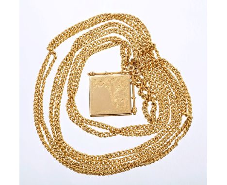 Early 20th century gold (18ct) locket with engraved decoration (London 1919), on a long gold (18ct) curb link chain, 156cm lo