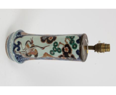 18th century Japanese Imari vase enamelled with Shi Shi dog, cranes and flora - reduced and converted to a table lamp with br