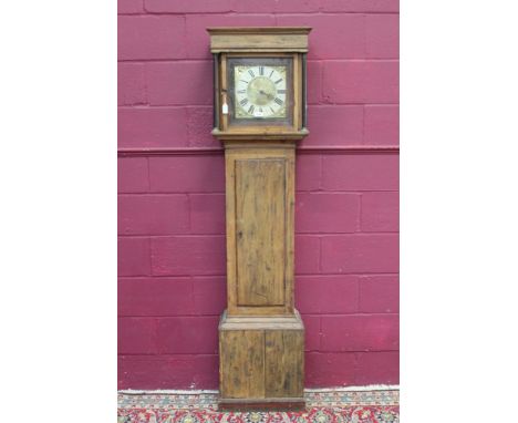Early 18th century longcase clock with thirty hour movement, nine inch square brass dial with face mask spandrels, signed - D