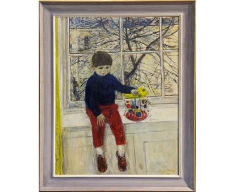 *Olwyn Bowey (b. 1936), signed and dated 1966 oil on canvas - Child on a window sill, 88cm x 70cm.  NB:  Note by Derrick Rich