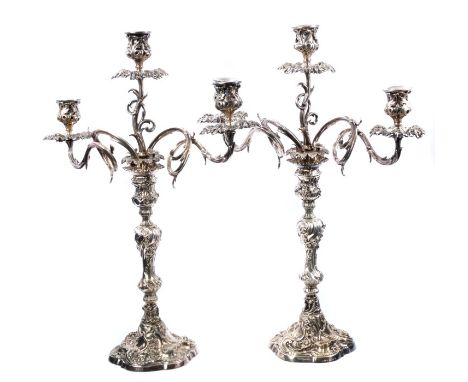 Pair fine quality early Victorian Regency-style silver plate three-light candelabra with rococo scroll and floral decoration,