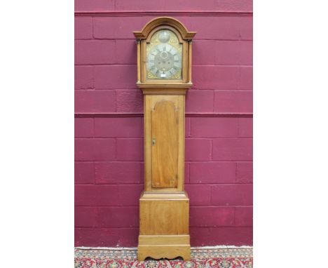 18th century longcase clock with eight day movement, with eleven inch brass break arch dial with urn spandrels, matted centre