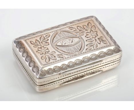 George IV silver vinaigrette of rectangular form, with bright cut chain and floral decoration, hinged cover, opening to revea