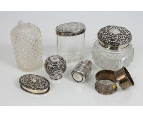 Selection of miscellaneous Victorian, Edwardian and later silver, including three silver mounted cut glass toilet bottles, an