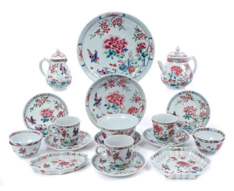 Mid-18th century Chinese famille rose porcelain part tea service with polychrome painted bird and floral decoration comprisin