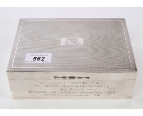 1920s silver cigarette box of rectangular form, with modern engraved presentation inscription and cedar lining, hinged cover 