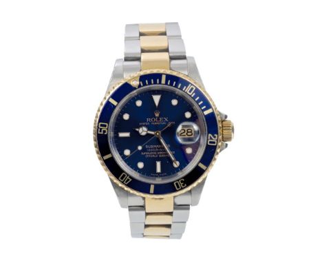 Gentlemen's Rolex Oyster Perpetual Submariner 16613, 40mm case diameter, with blue dial and blue and gold uni-directional bez