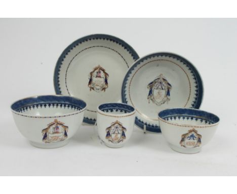 Late 18th century Chinese armorial blue and white sugar basin and saucer dish with gilt and blue spear-head borders and sailo