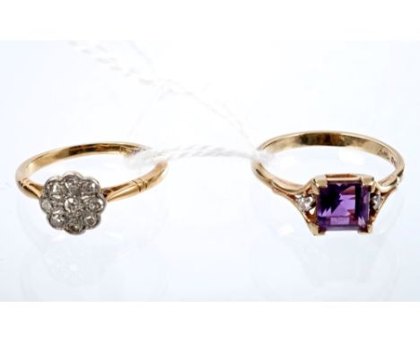 1930s diamond flower-head cluster ring and a gold (9ct) amethyst and diamond dress ring