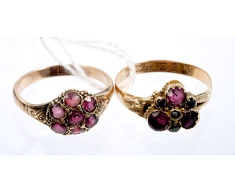 Two Victorian garnet cluster dress rings.  Both ring size K