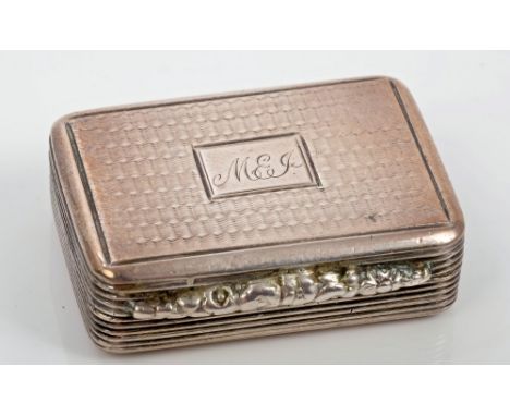 William IV silver vinaigrette of rectangular form, with engine-turned decoration, hinged cover, opening to reveal a gilded in