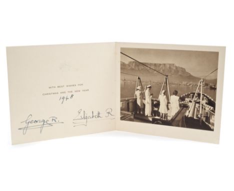HM King George VI and Queen Elizabeth - signed 1948 Christmas card with gilt embossed crown to cover, black and white photogr