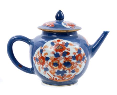 18th century Chinese bullet form teapot and cover with floral reserves painted in the Imari palette with powder blue ground, 