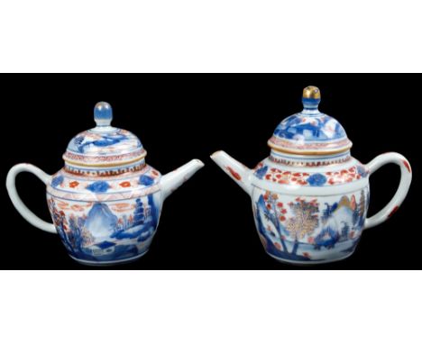 Near pair of 18th century Chinese Imari teapots and covers, each with bulbous knop to the domed cover with tapered bulbous bo