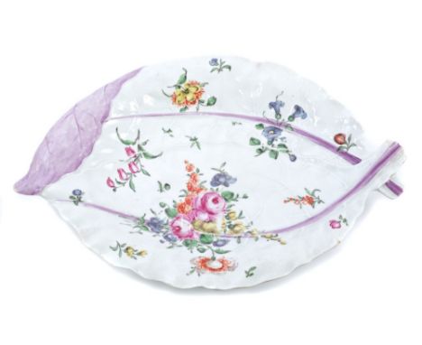 Mid-18th century Worcester polychrome leaf-shaped dish with moulded leaf ribs and painted floral sprays, raised on oval foot,