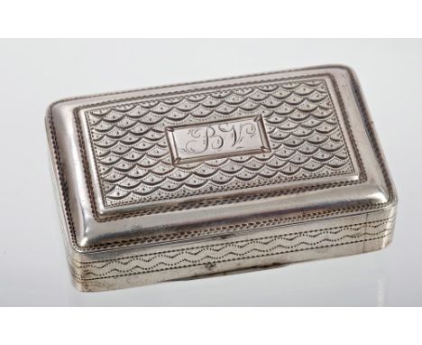Early George IV silver snuff box of rectangular form, with bright cut decoration, hinged domed cover with fish scroll decorat