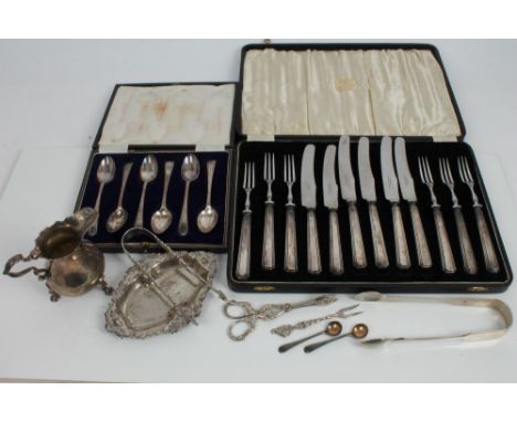 Selection of miscellaneous silver and silver plate, including six pairs 1930s silver-handled fruit knives and forks in a fitt