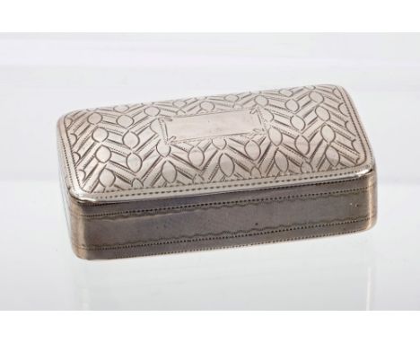 George III silver snuff box of rectangular form, with bright cut borders and hinged domed cover with herringbone and leaf dec