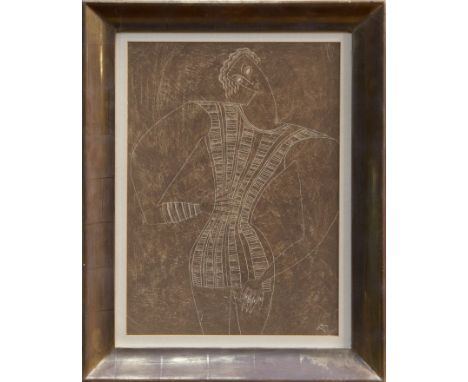 *John Armstrong (1893 - 1973), oil and gesso with incised drawing - Dancing Figure in white, circa 1934, signed with initials