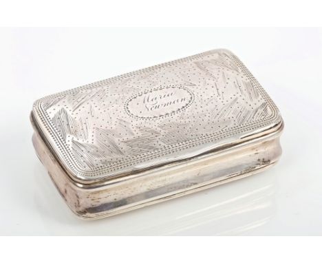 George IV silver snuff box of rectangular form, with concave border, hinged domed cover with bright cut and pinprick decorati