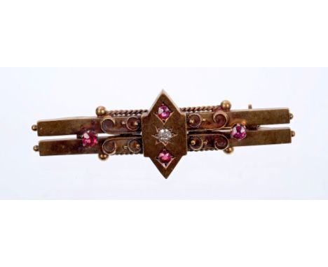 Victorian gold (15ct) ruby and diamond bar brooch (Birmingham 1899) CONDITION REPORT Very good condition.  Good clear hallmar