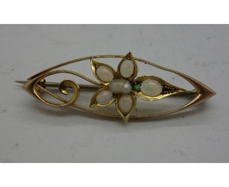 A 15ct gold, opal, pearl and demontoid garnet brooch, weight 4.2g