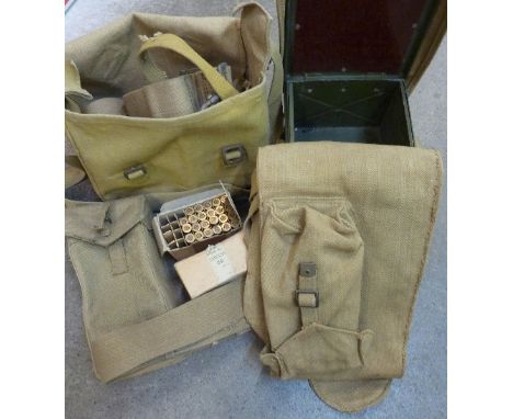 World War II canvas bags including a rifle bag, an ammunition bag and a box of spent cartridges