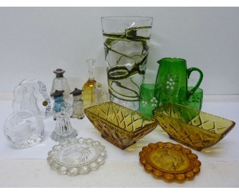 Glass including a novelty sailor boy cruet set, Polish glass vase, scent bottle with guilloche enamel top, a/f, paperweights,