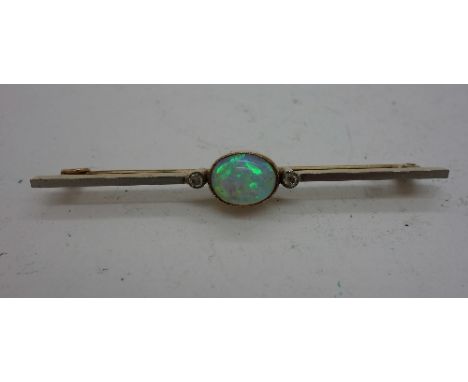 A yellow metal, diamond and opal brooch, weight 3.6g