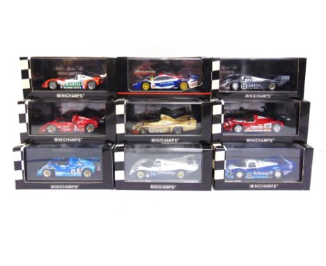 NINE 1/43 SCALE MINICHAMPS DIECAST MODEL RACING CARS  comprising a No.430 836612, Porsche 956K, K. Rosberg, 1983; No.530 1943