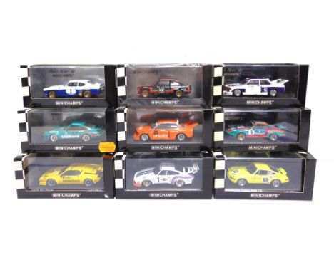 NINE 1/43 SCALE MINICHAMPS DIECAST MODEL RACING CARS  comprising a No.430 736999, Porsche Carrera RSR, Winners Gregg / Haywoo