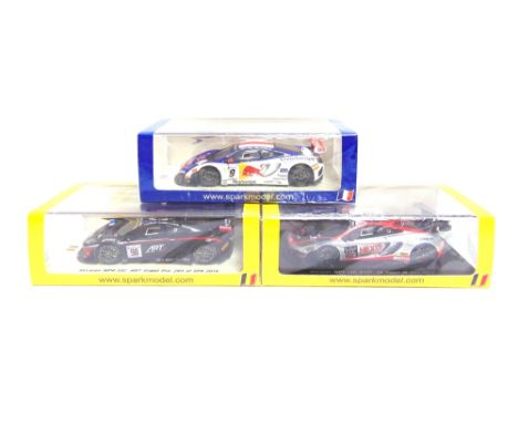 THREE 1/43 SCALE SPARK (MINIMAX) RESIN MODEL RACING CARS  comprising a No.SF065, McLaren MP4-12C, Loeb Racing no.8 Winner Nav