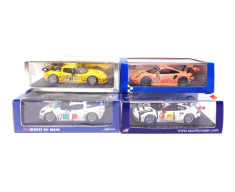 FOUR 1/43 SCALE SPARK (MINIMAX) RESIN MODEL RACING CARS  comprising a No.US022, Porsche 911 RSR, Porsche Team Manthey Winner 