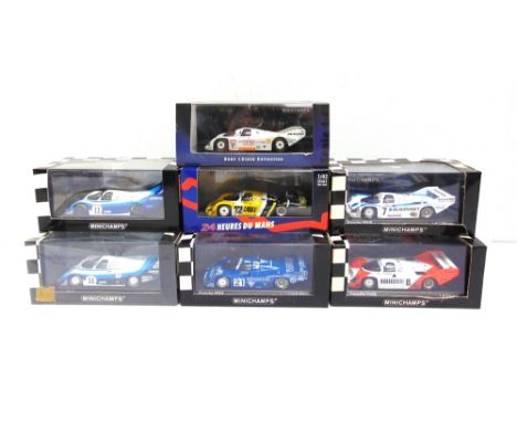 SEVEN 1/43 SCALE MINICHAMPS DIECAST MODEL RACING CARS  comprising a No.444 876817, Porsche 962 PDK, H.-J. Stuck, Supercup Nur