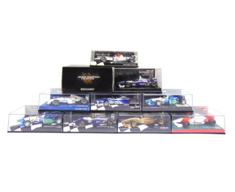 NINE 1/43 SCALE MINICHAMPS DIECAST MODEL RACING CARS  comprising a No.436 960005, Williams Renault FW18, D. Hill, World Champ
