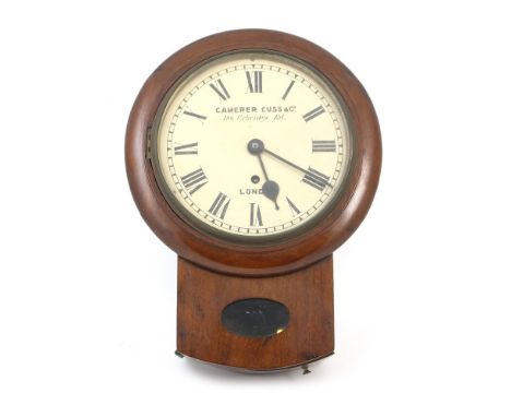 Small mahogany drop trunk wall timepiece by Camerer Cuss & Co. London, painted dial, 19cm, with Roman numerals, height 36cm, 