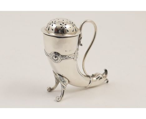 George V silver cornucopia sugar castor, Birmingham 1912, Celtic inspired form with a band of Celtic knots to the horn with d