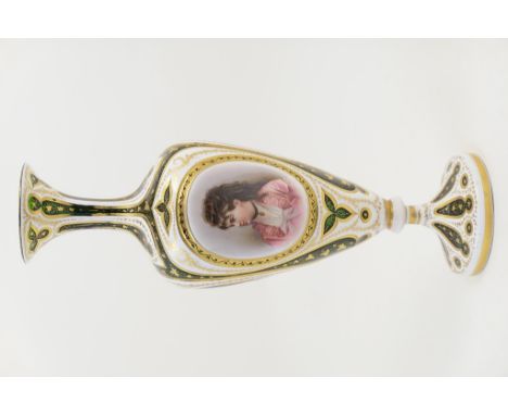 Bohemian green and white overlaid glass vase, circa 1860, ovoid form with a slender trumpet neck and trumpet foot, decorated 
