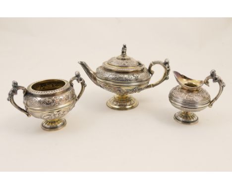 Elkington & Co. electroplated three piece tea service, circa 1875, in Classical style cast with acanthus scrolls and arabesqu