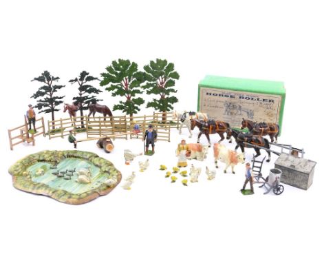 Britains 'Home Farm Series' horse roller No. 9F, boxed; also assorted Britains garden and farmyard accessories, loose; and a 