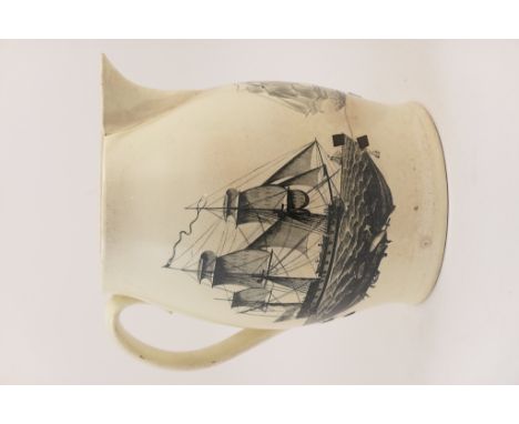 Staffordshire creamware ale jug, circa 1790, decorated with a monochrome print of a frigate on a starboard tack, and another 