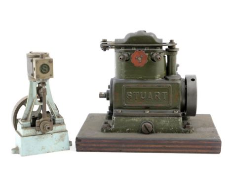 Stuart Sirius model marine engine, mounted on a wooden board, 15cm; also a Stuart single cylinder vertical model engine, heig