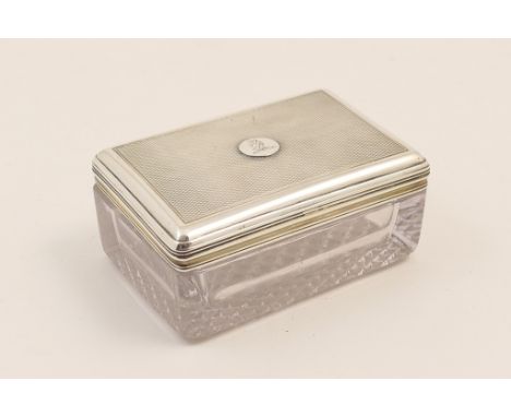 George III silver mounted cut glass box, London 1817, heavy rectangular glass base with silver cover with engine turned decor
