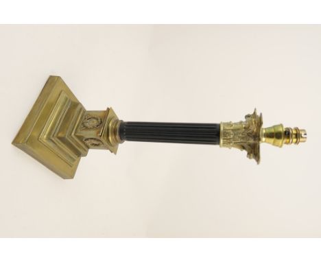 Brass and ebonised wooden Corinthian column table lamp base, height to the bulb fitting 49cm