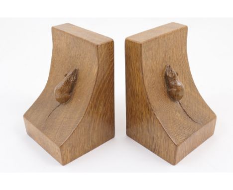 Pair of Mouseman carved oak book ends, height 15cm
