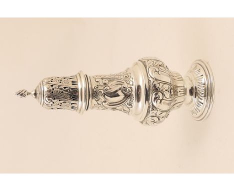 Edwardian silver sugar castor, Birmingham 1904, with flame finial and repousse decoration, with flowers and scrolls to a balu