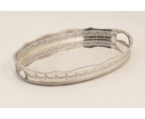 Sheffield silver plated galleried serving tray, 20th Century, oval form with gadrooned and pierced gallery, 45.5cm x 29.5cm