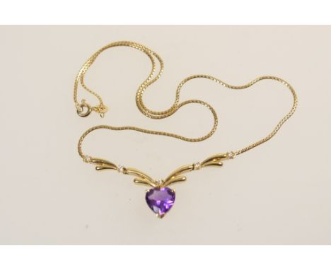 14ct gold amethyst and diamond pendant necklace, centred with a heart shaped amethyst of approx. 9mm x 9mm, suspended from go